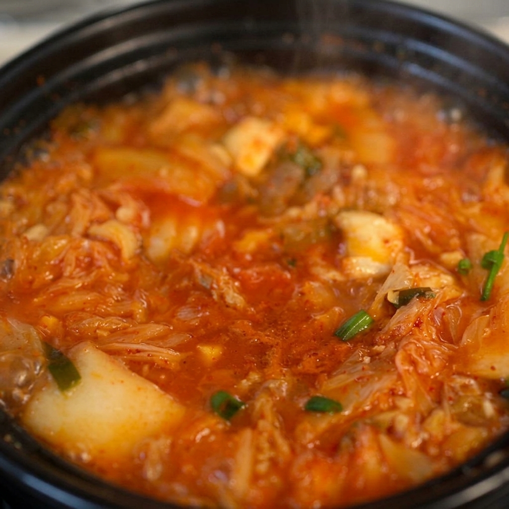 Freshly chopped green scallions scattered across the top of a boiling, deep-red Korean kimchi beef soup simmering in a black pot.