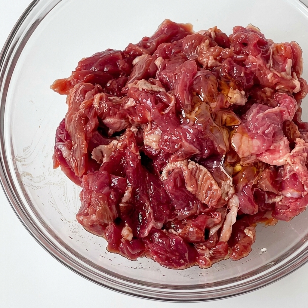 A clear glass bowl containing seasoned raw beef glistening with a fresh coat of cooking oil.