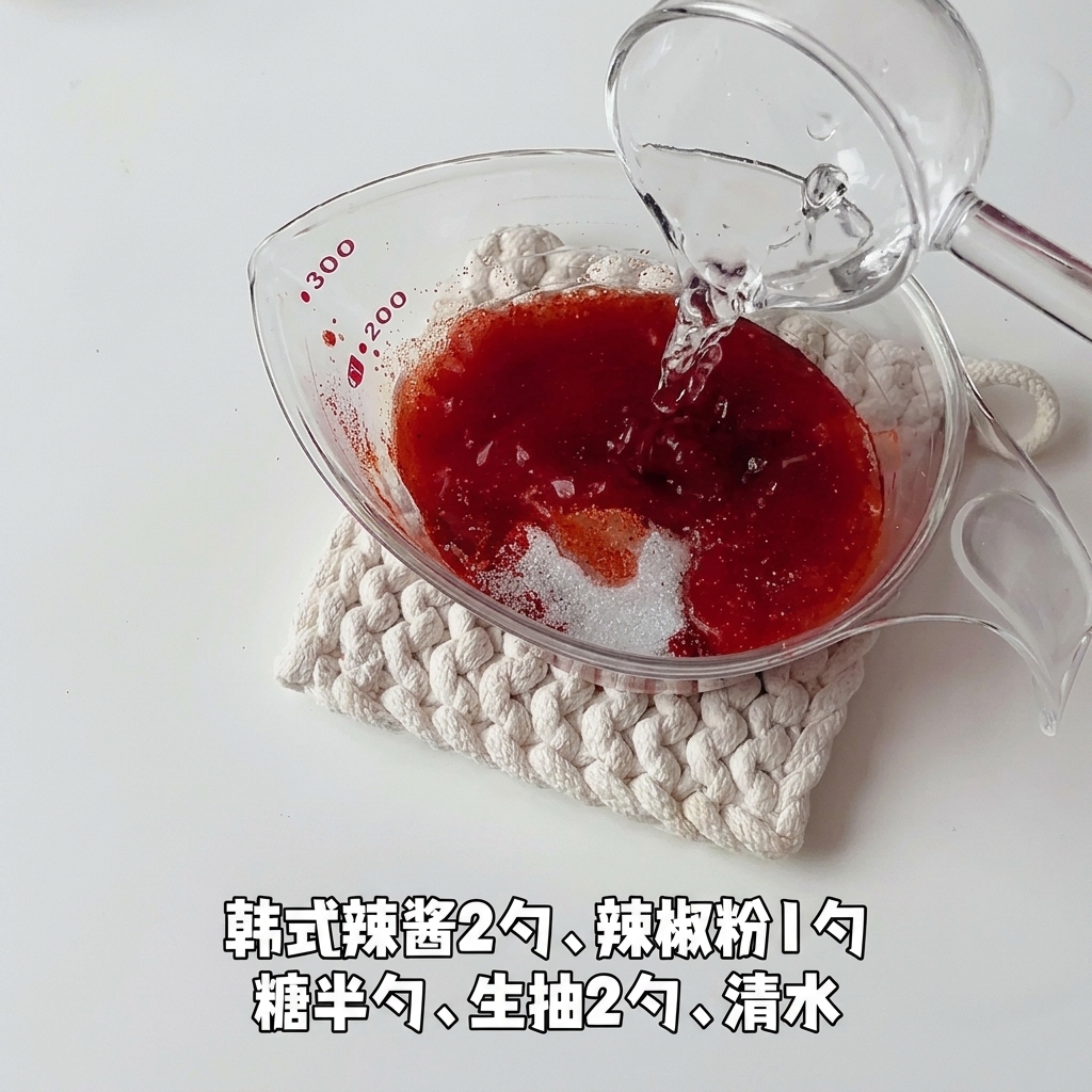Water being poured from a glass cup into a clear measuring pitcher filled with Korean chili paste, chili powder, and sugar.