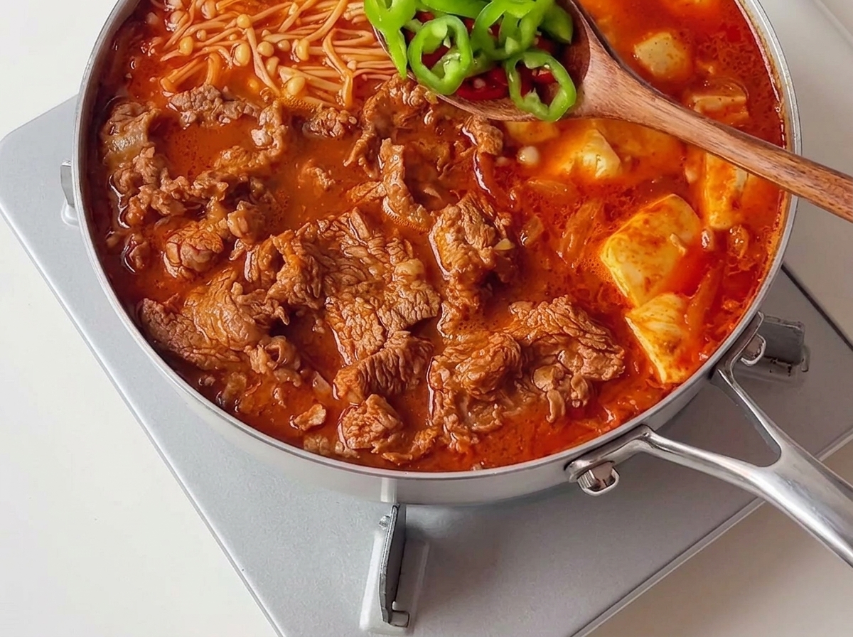 A wooden spoon scattering sliced green and red chili peppers over a fully cooked, bubbling Korean kimchi and beef stew.