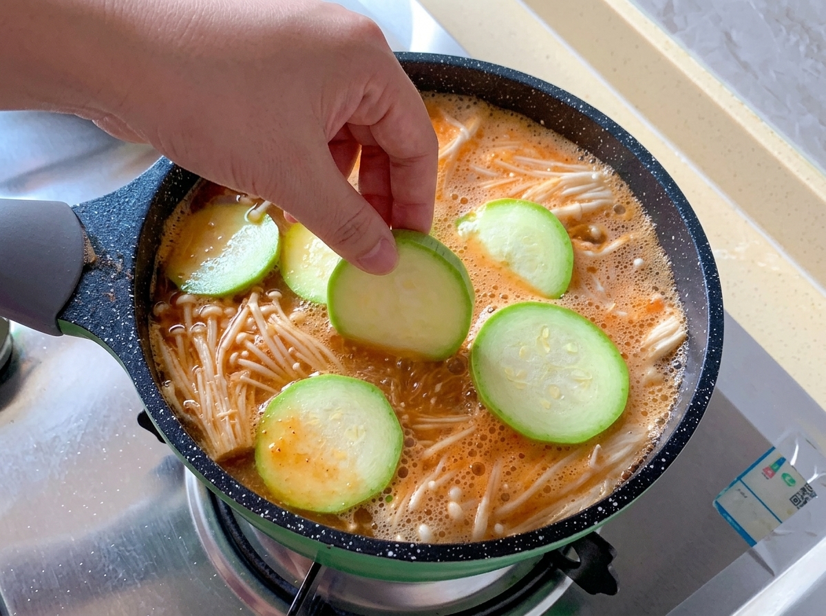 Round slices of fresh green zucchini being manually placed over bubbling soup base filled with enoki mushrooms.
