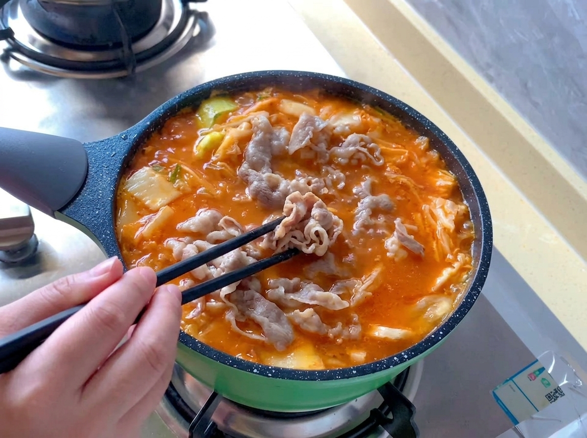 Blanched beef rolls being spread out with black chopsticks inside a bubbling pot of bright red-orange kimchi soup.