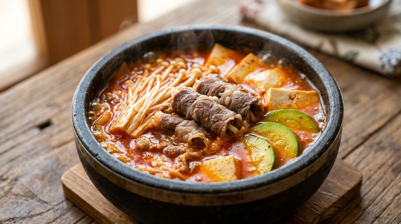 A bubbling stone pot of Korean kimchi beef tofu soup with tender beef rolls, fresh zucchini, and enoki mushrooms in a spicy broth.
