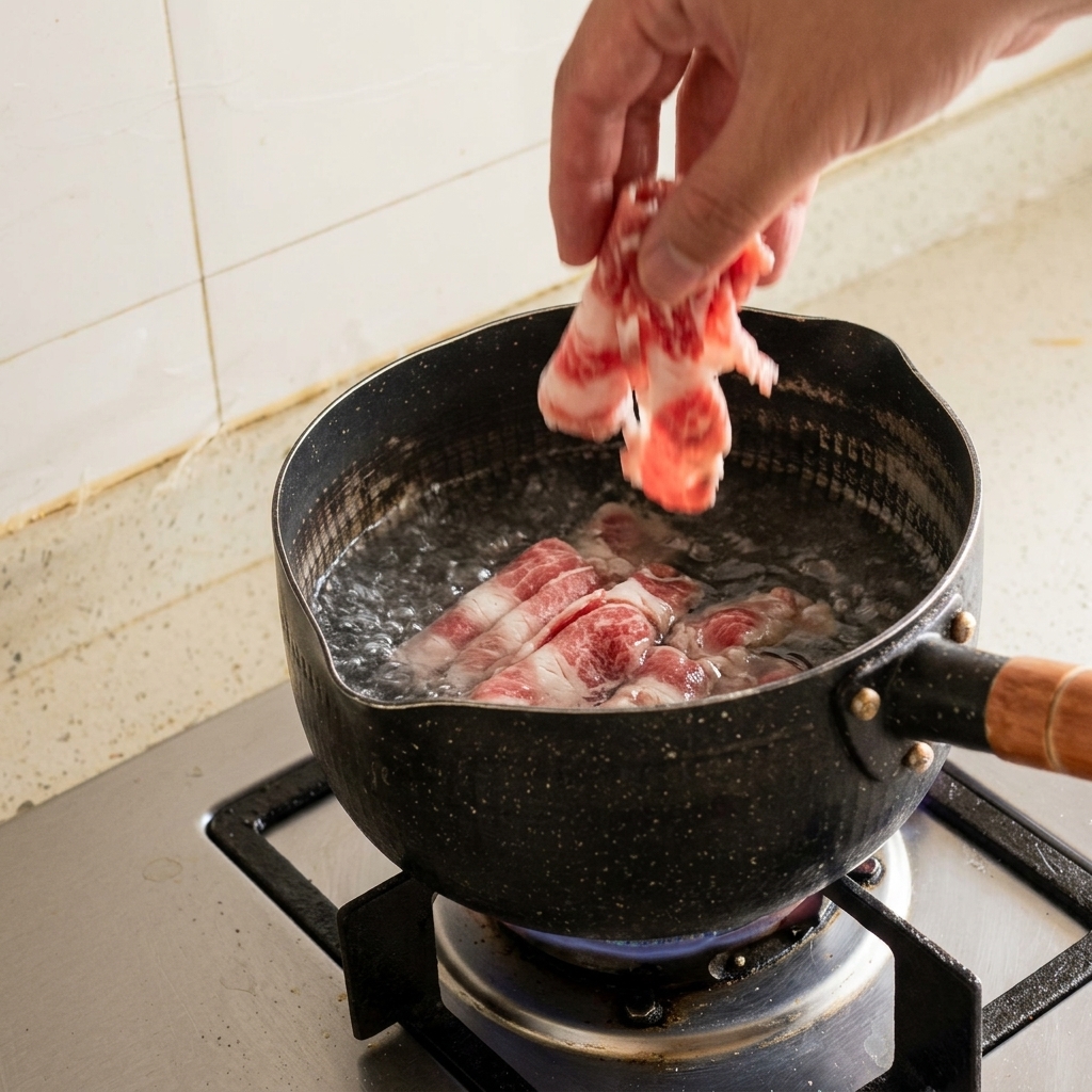 A hand dropping thin, marbled raw beef rolls into a pot of rapidly boiling water.