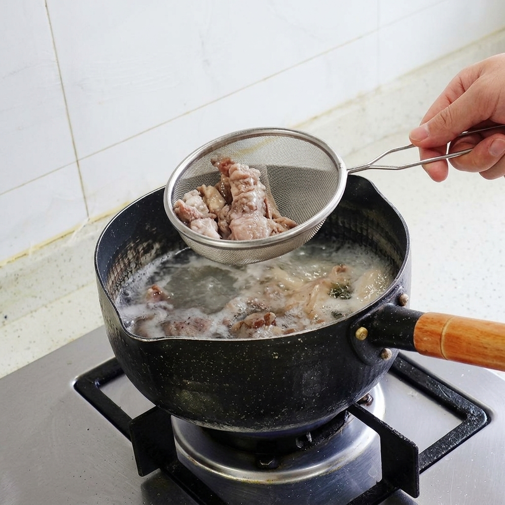 A hand lifting a metal mesh strainer filled with blanched beef rolls out of a steaming pot.