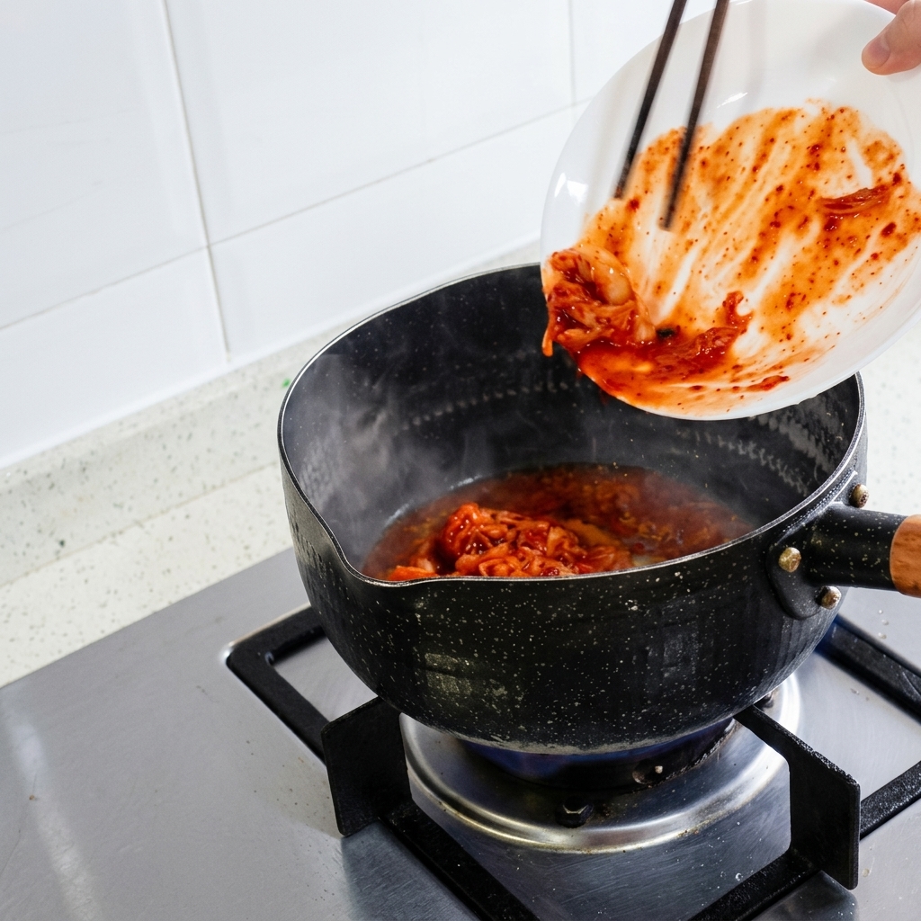 Chopped kimchi being scraped from a white plate into a heated pot using chopsticks.