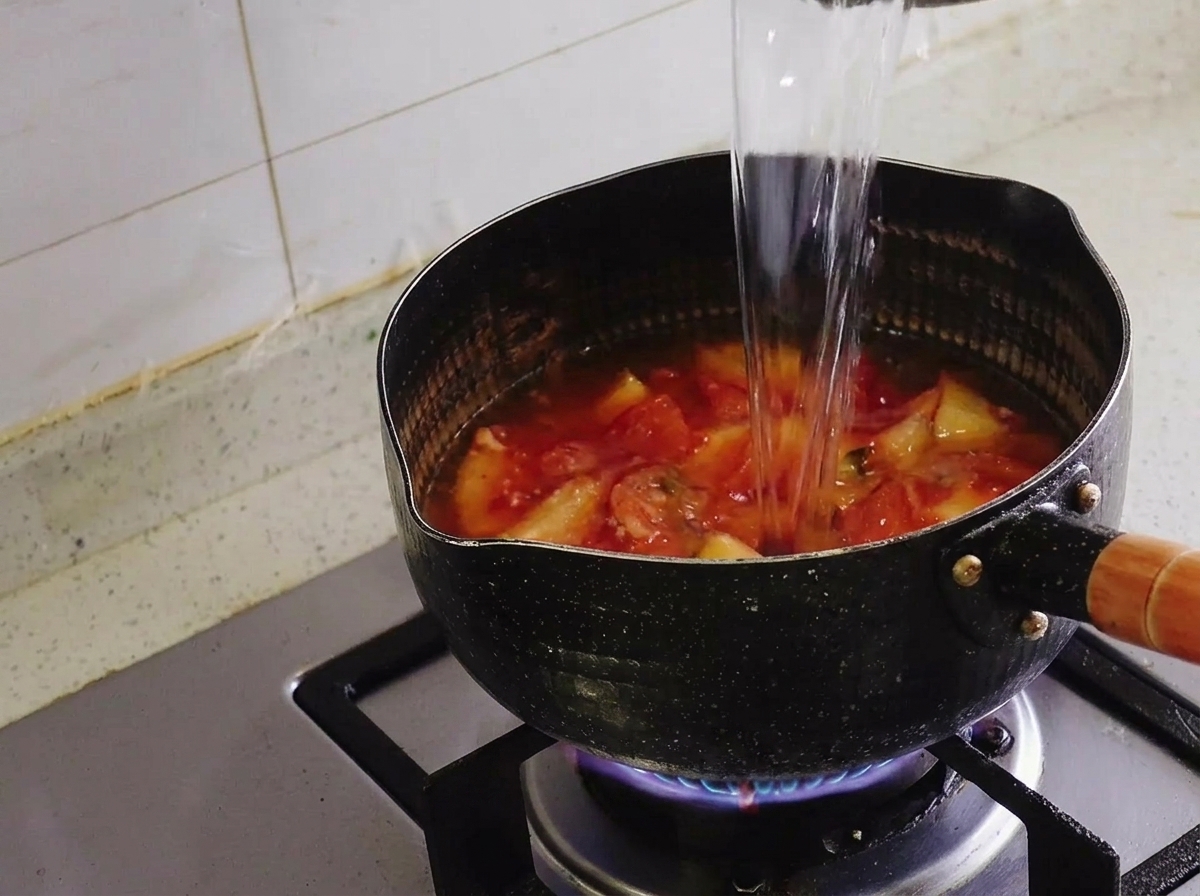 A stream of clear water being poured into a black pot containing red stir-fried kimchi.
