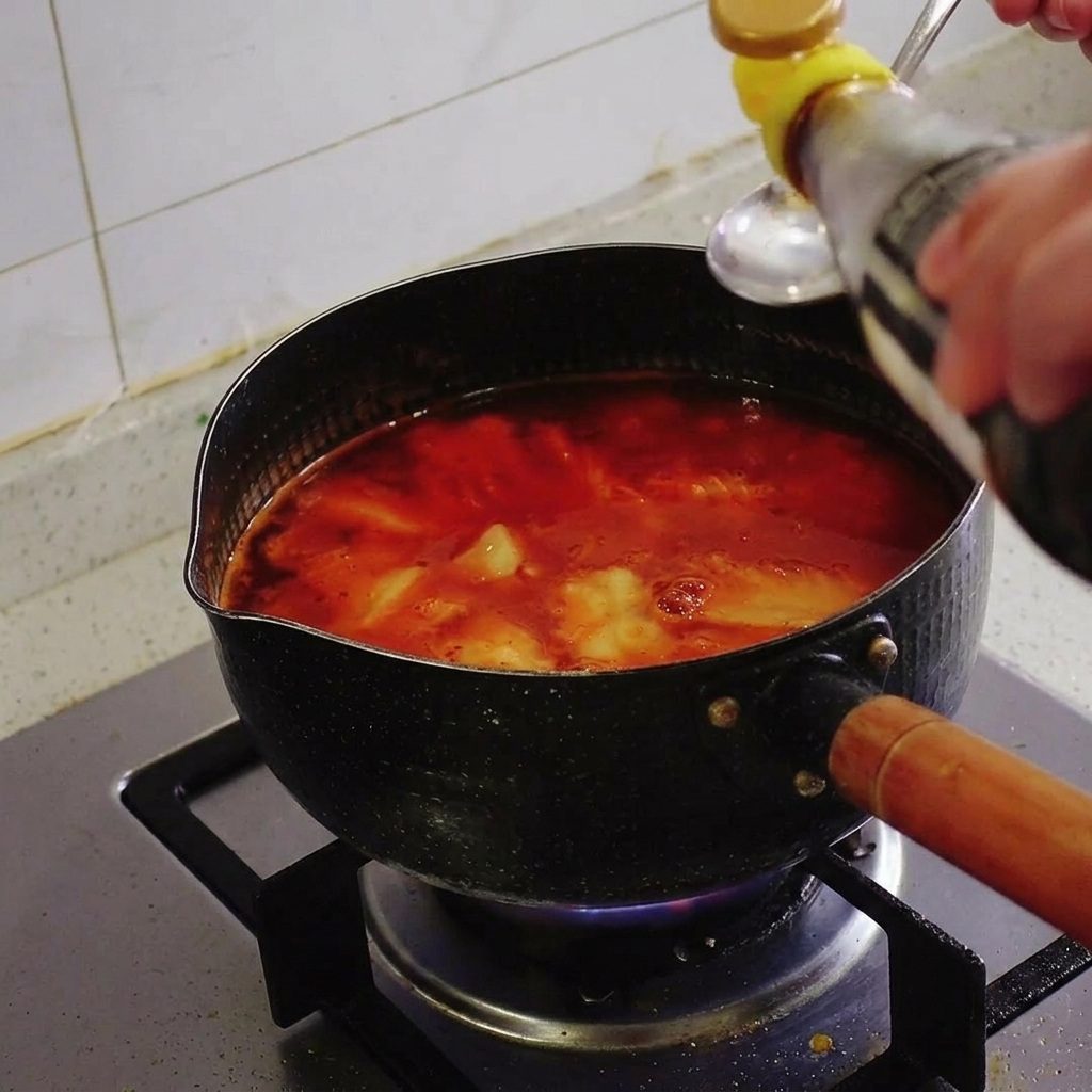 Seasoning liquid being poured from a bottle into a spoon over a pot of simmering red kimchi soup.