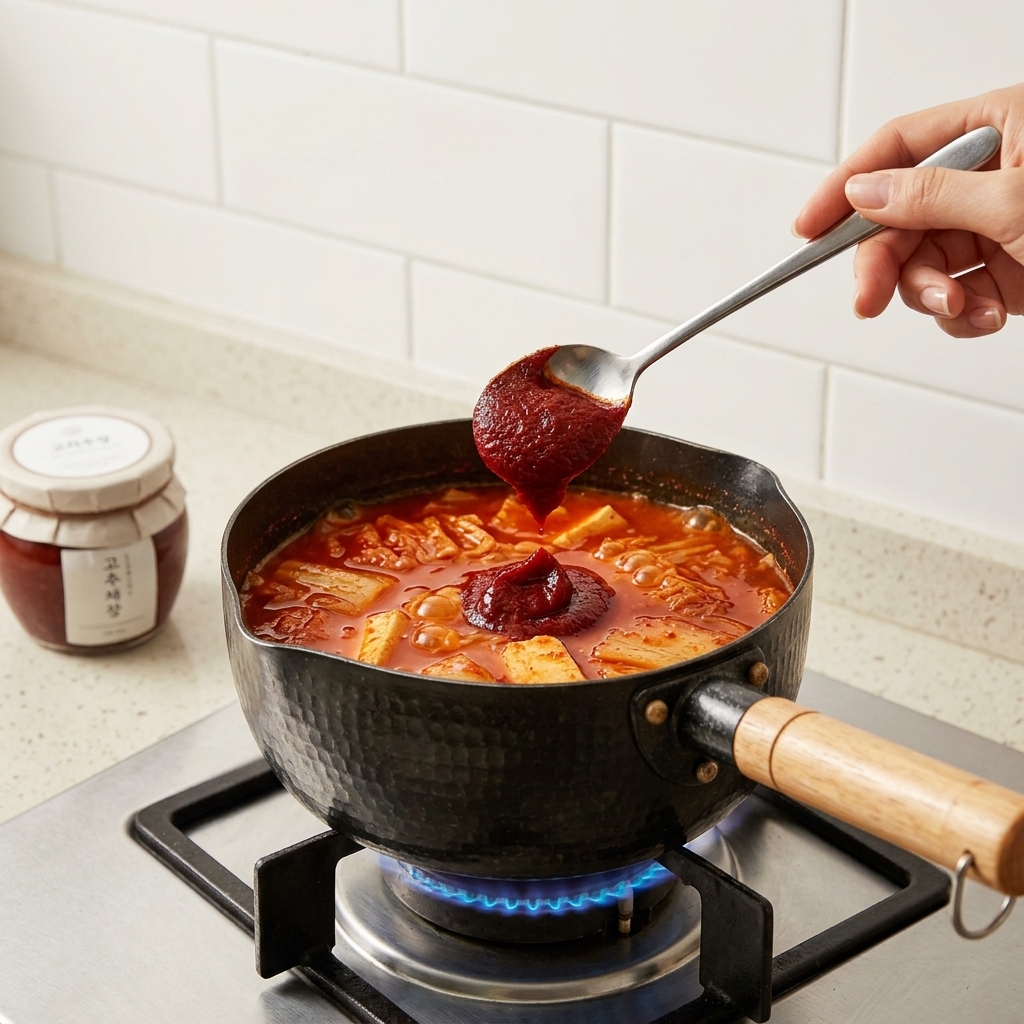 A hand adding a large spoonful of thick red Korean chili paste into a bubbling pot of soup on the stove.