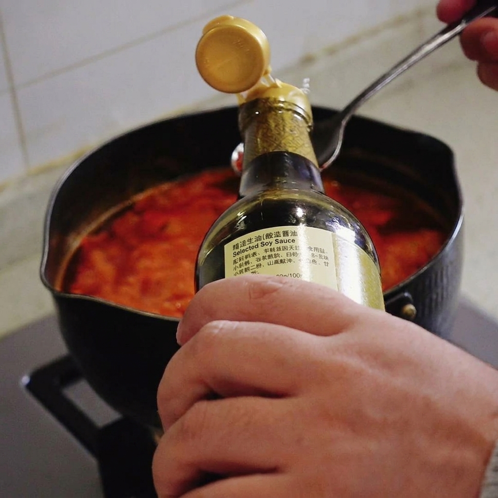 A hand pouring light soy sauce from a bottle into a metal spoon over a simmering pot of red soup.