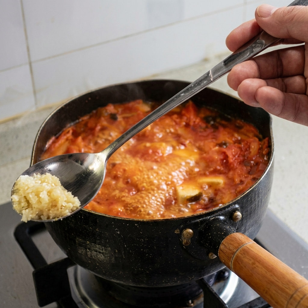 A metal spoon holding a mound of minced garlic paste over a pot of boiling red kimchi soup.