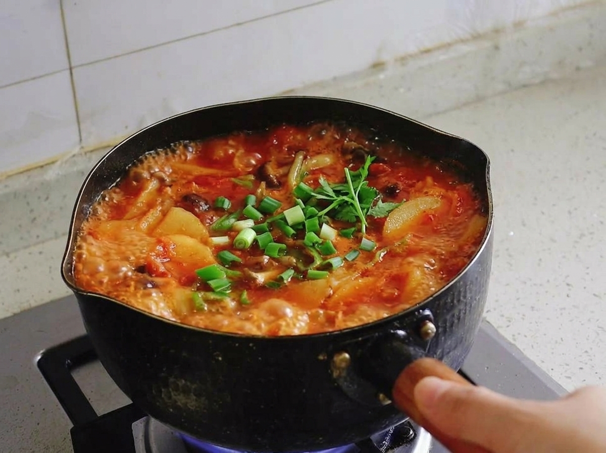 Freshly chopped green scallions scattered over a bubbling pot of red kimchi soup with tofu and meat.