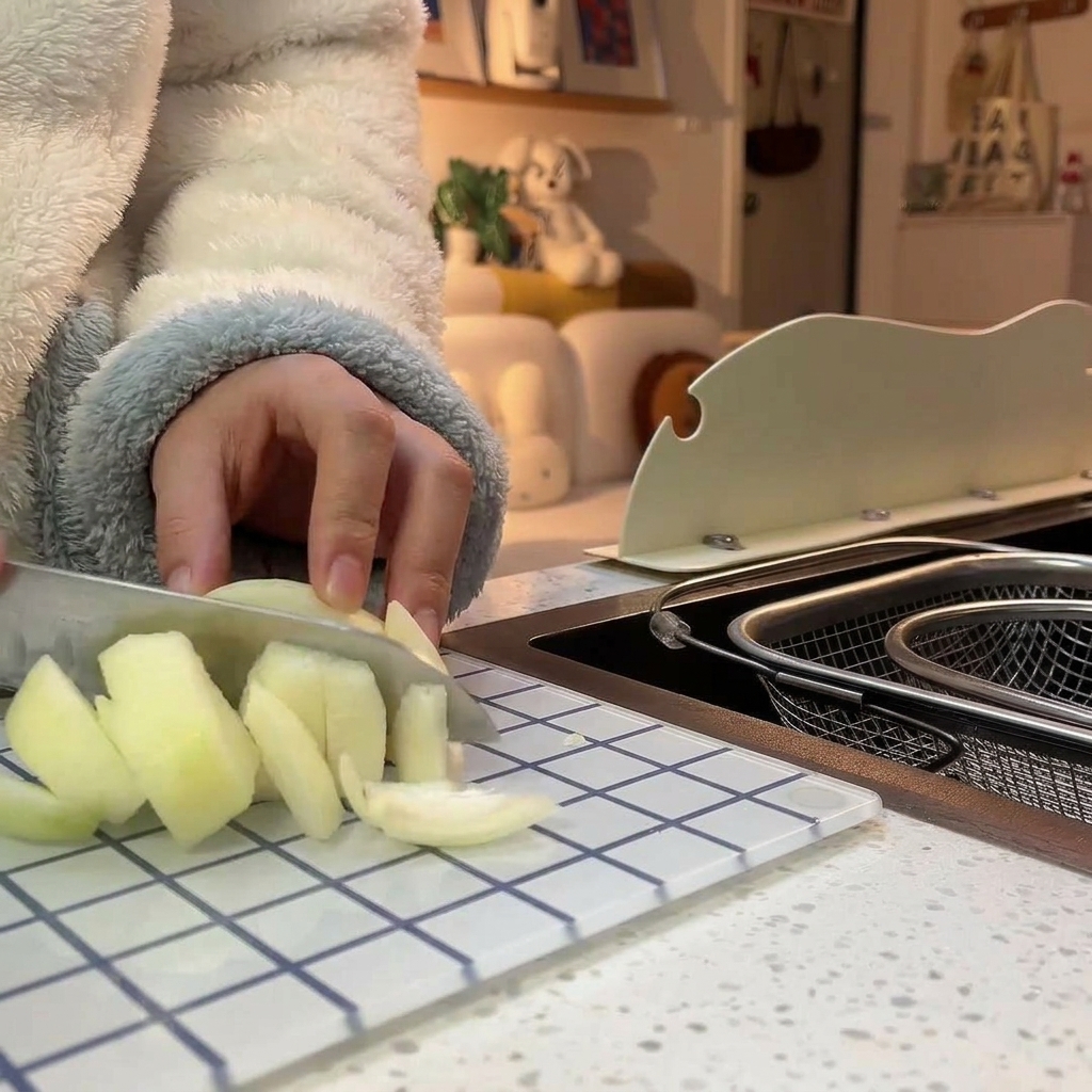 A person wearing a fluffy jacket slicing a white onion on a grid-patterned glass cutting board.