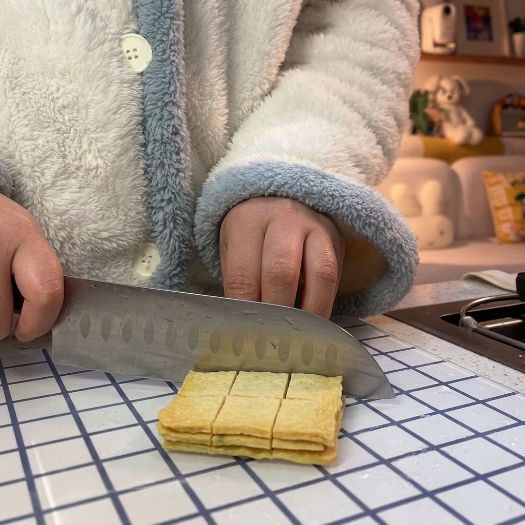 A large knife slicing a yellow sheet of fish cake into bite-sized square pieces on a cutting board.