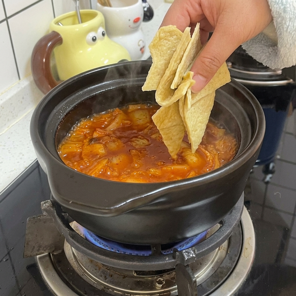 A hand adding triangular pieces of fish cake into a simmering red stew in a black clay pot.