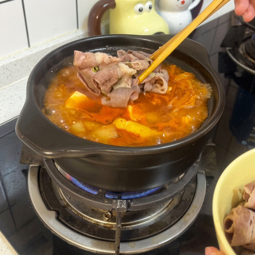 Chopsticks placing parboiled beef rolls on top of a spicy tofu and kimchi stew in a clay pot.