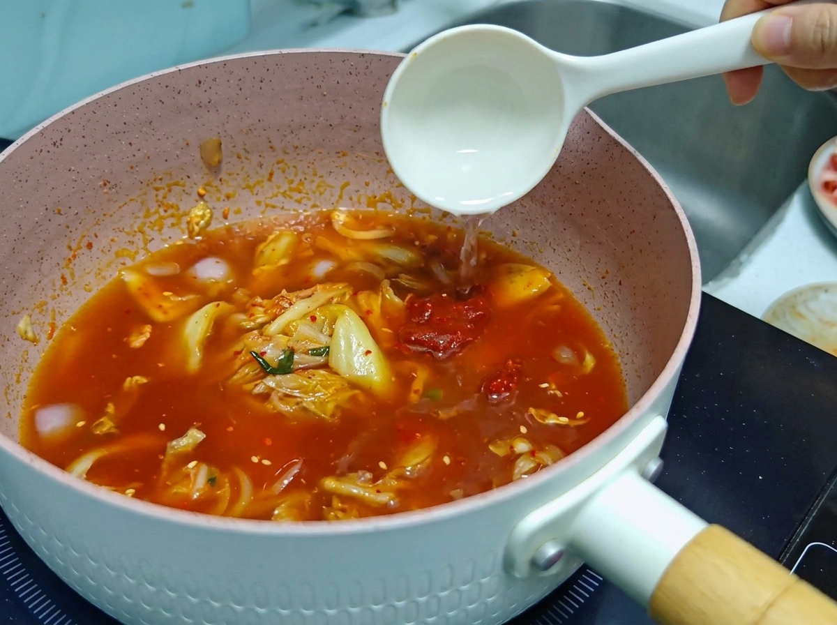 A white ladle pouring clear water into a pink pan filled with simmering red kimchi soup broth.