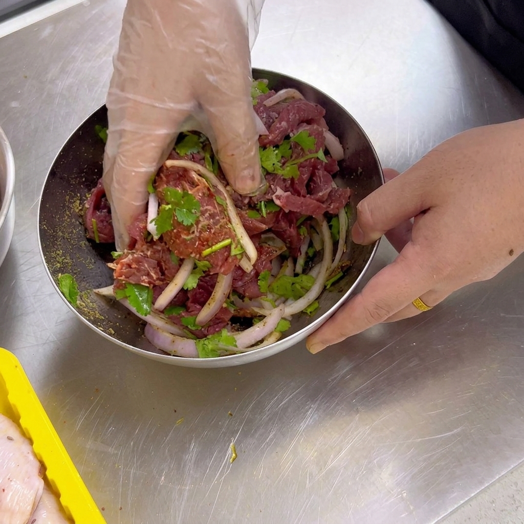 A hand wearing a clear plastic glove mixing raw beef slices with onions, cilantro, and cumin spices in a stainless steel bowl.
