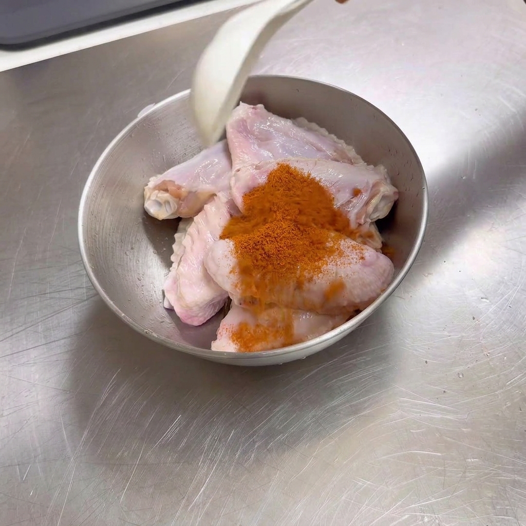 Bright orange Orleans seasoning powder sitting on top of raw chicken wings in a metal bowl, with a white spoon over them.