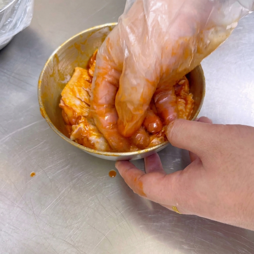 A gloved hand thoroughly mixing raw chicken wings with a bright orange Orleans marinade paste in a metal bowl.