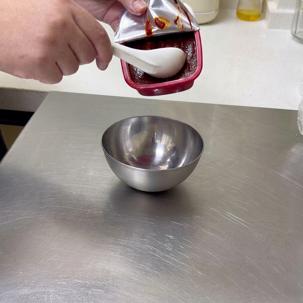 A white ceramic spoon scooping thick red chili paste from its container into a small stainless steel bowl.