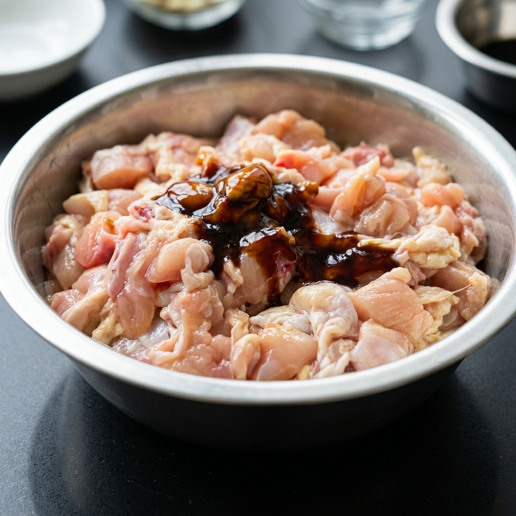 Fresh raw chicken thigh chunks in a stainless steel bowl topped with a spoonful of light soy sauce and thick oyster sauce.