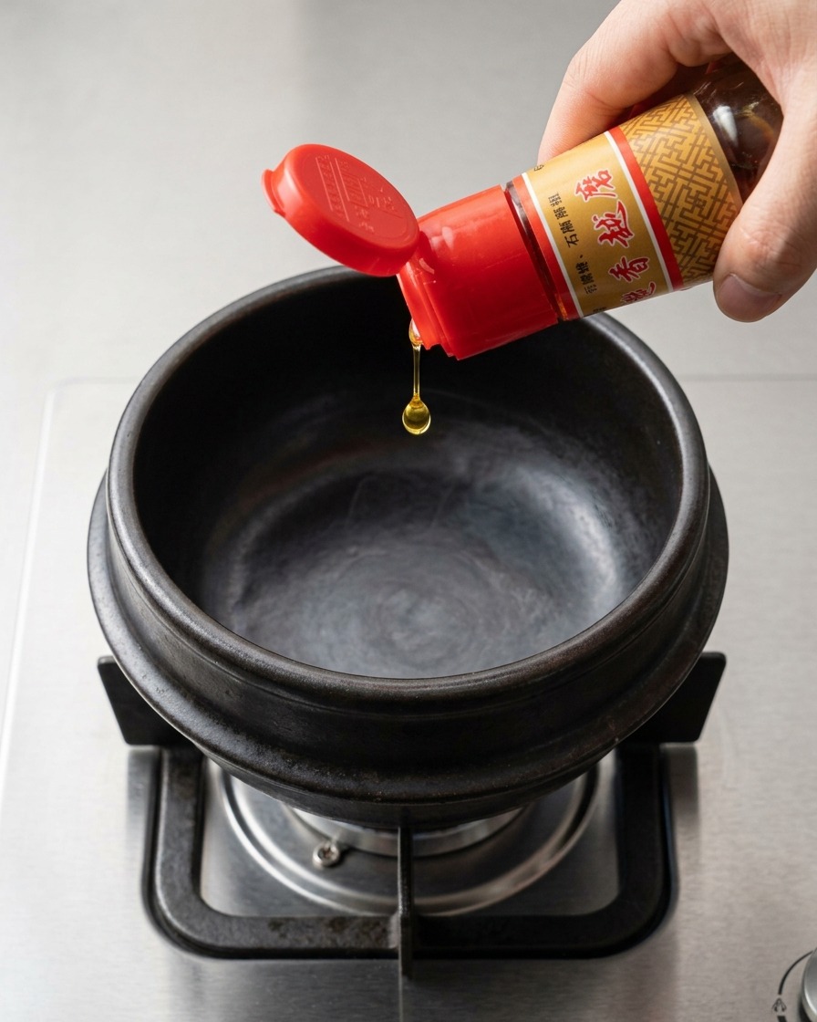 Fragrant sesame oil being poured from a glass bottle with a red cap into an empty black stone pot positioned on a gas stove burner.