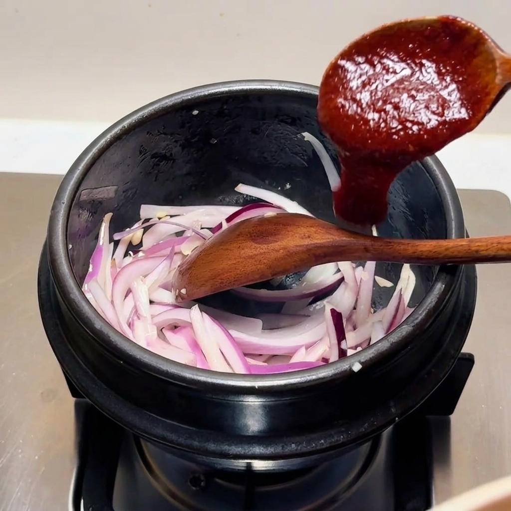 A wooden spoon adding a thick, red chili sauce to sliced red onions in a black stone cooking pot.