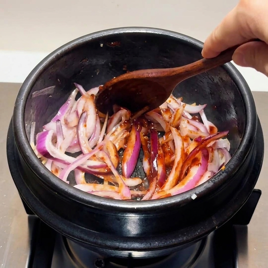 Slices of red onion thoroughly coated in a dark red Korean chili sauce being mixed with a wooden spoon inside a black stone pot.