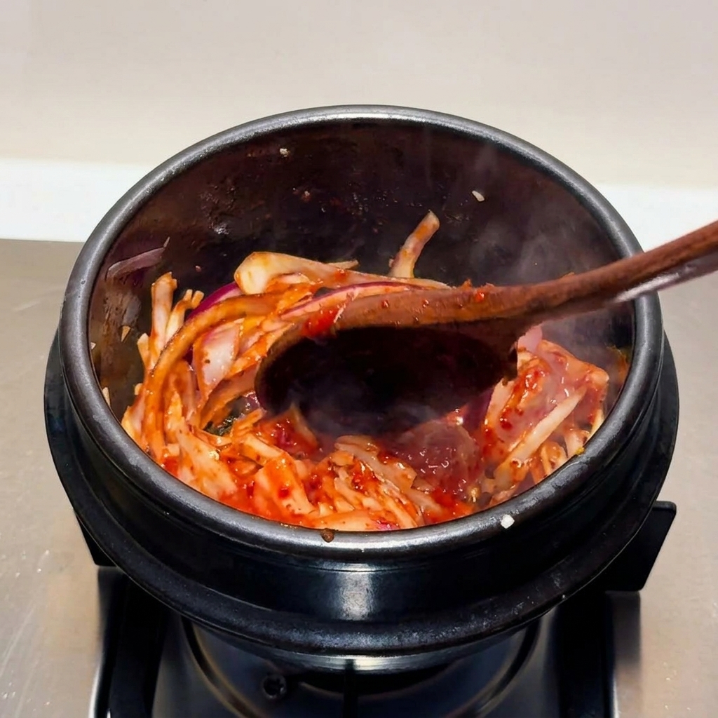 Sour kimchi and red onions being actively stir-fried together with a wooden spoon in a steaming stone pot.