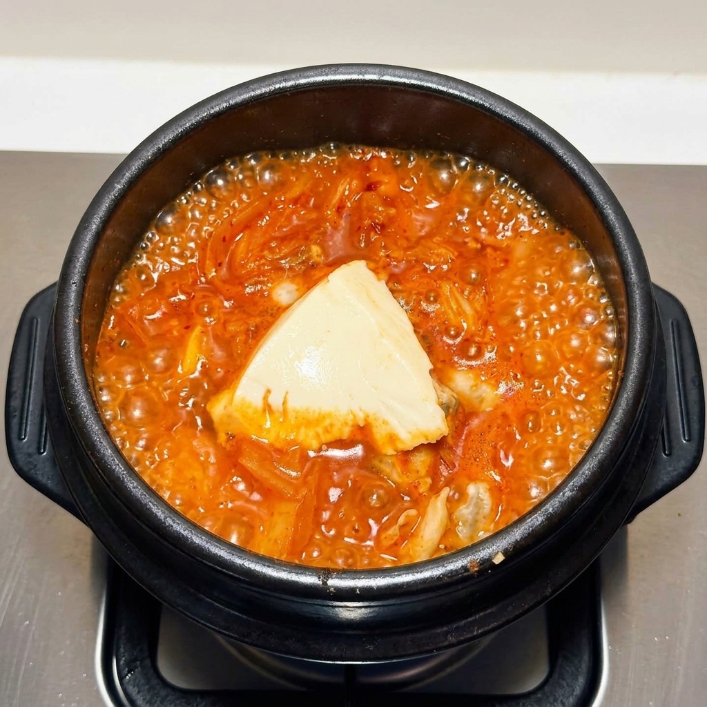 A large piece of smooth white soft tofu resting in the middle of a bubbling red kimchi seafood soup.