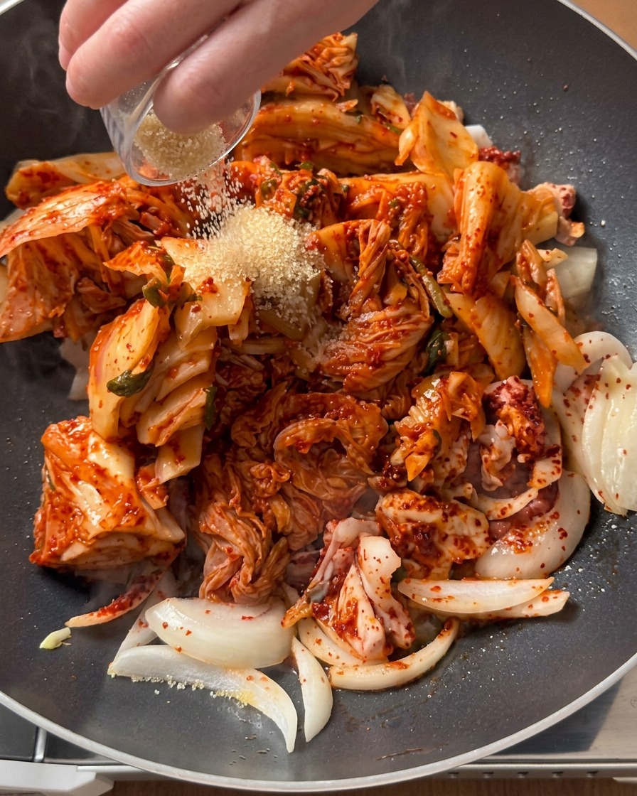 Raw sugar being sprinkled from a small bowl over a mixture of chopped kimchi and pork in a pan.