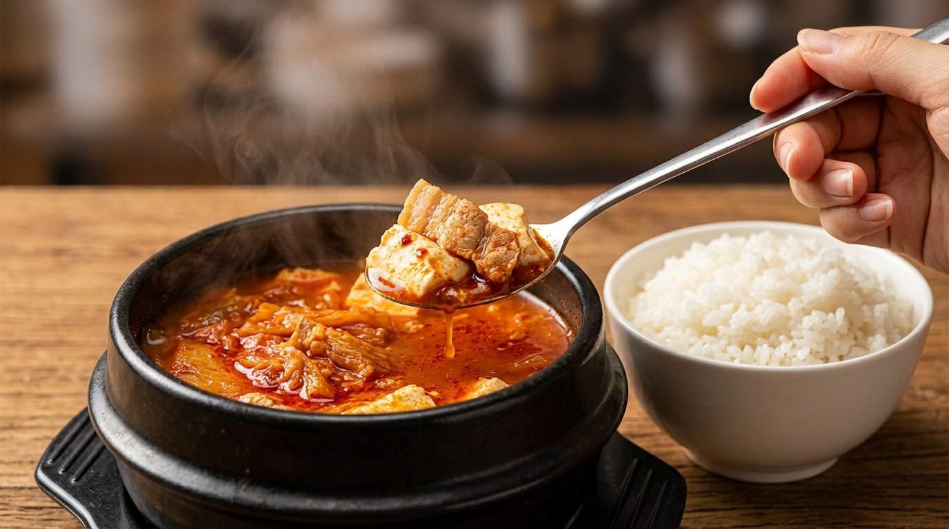 A piping hot spoonful of rich Kimchi Jjigae with tender pork belly and soft tofu lifted over a bowl of steamed white rice
