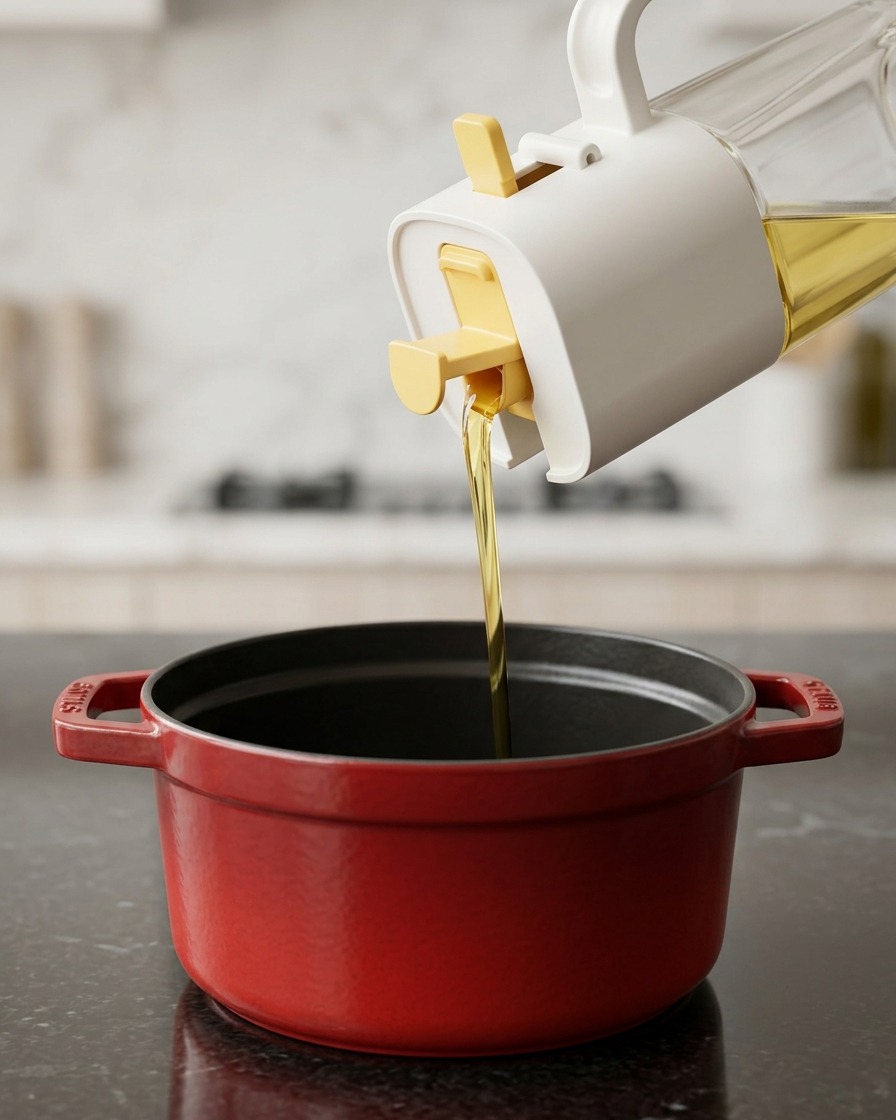Pouring yellow cooking oil from a dispenser into a red pot on the stove.