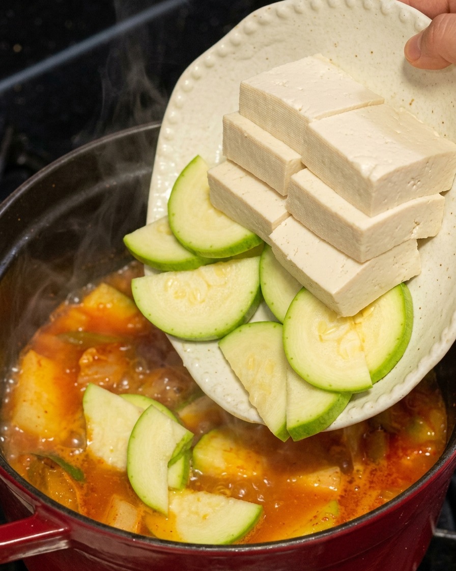 Sliding thick tofu rectangles and green zucchini half-moons from a plate into boiling red kimchi stew.