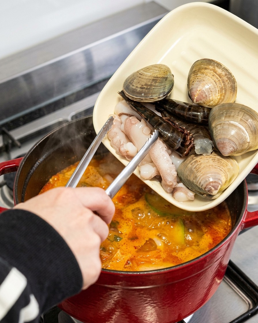 Using tongs to add raw clams, whole shrimp, and octopus tentacles from a square plate into a bubbling stew.