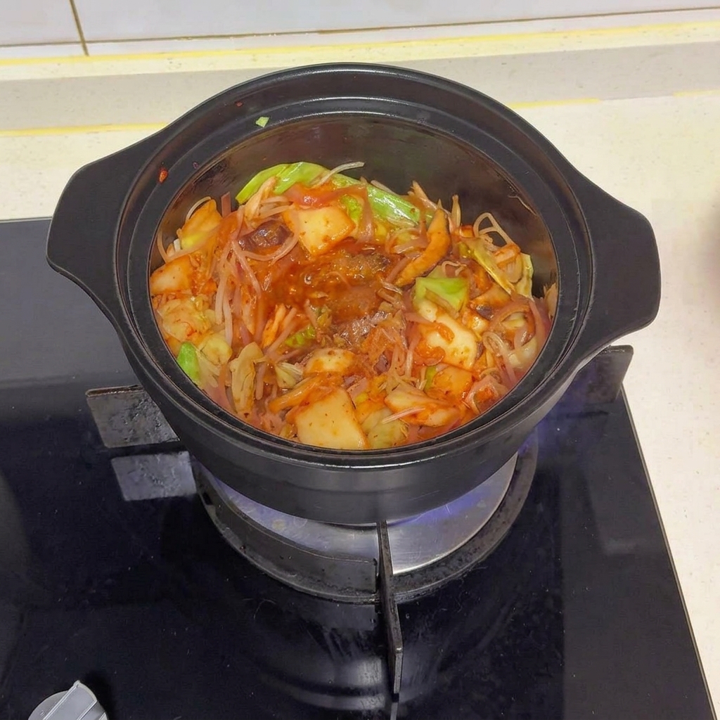 A black pot filled with stir-fried vegetables and kimchi, topped with various seasonings and red chili powder.