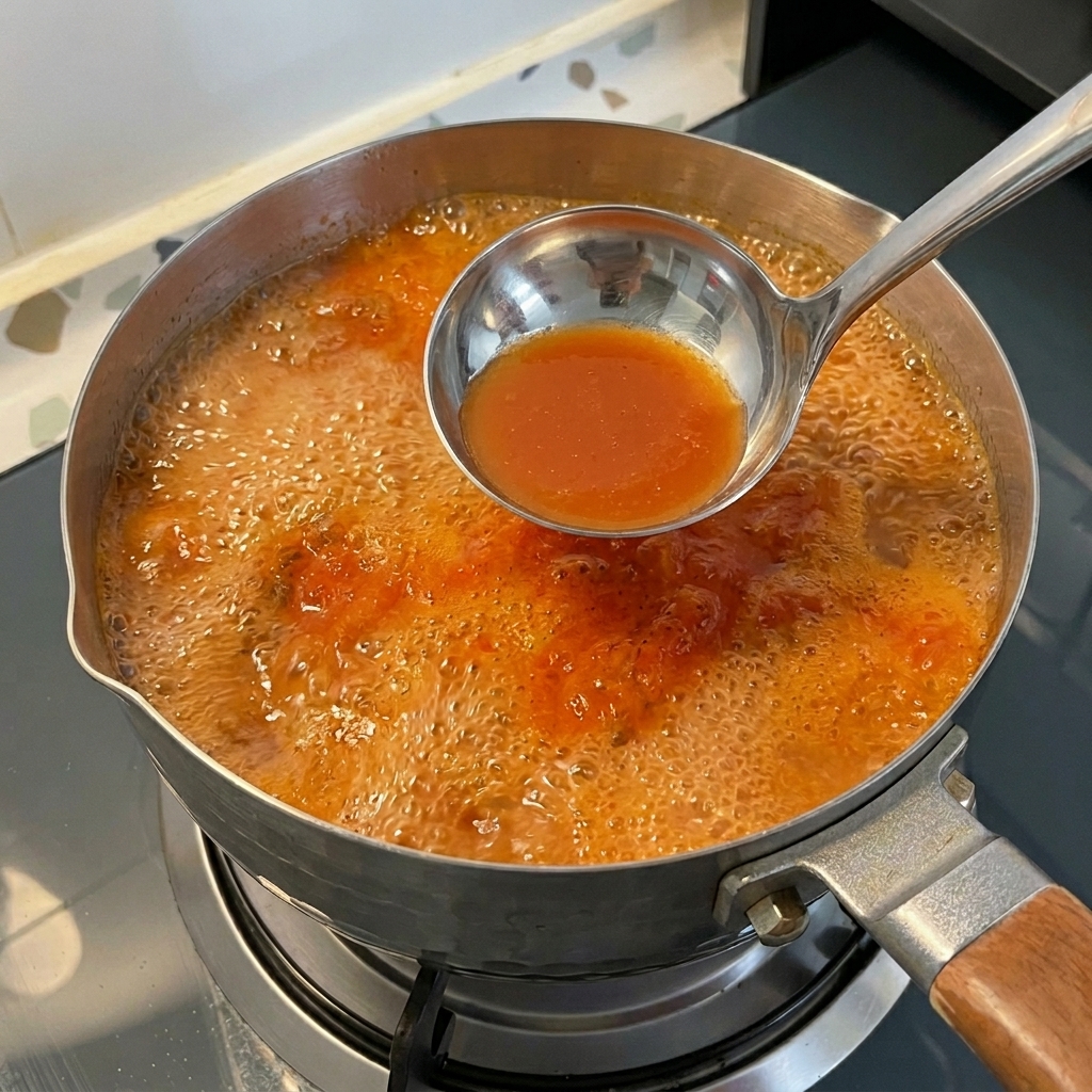 A metal ladle scooping up orange-red foam from the surface of a bubbling Korean stew.