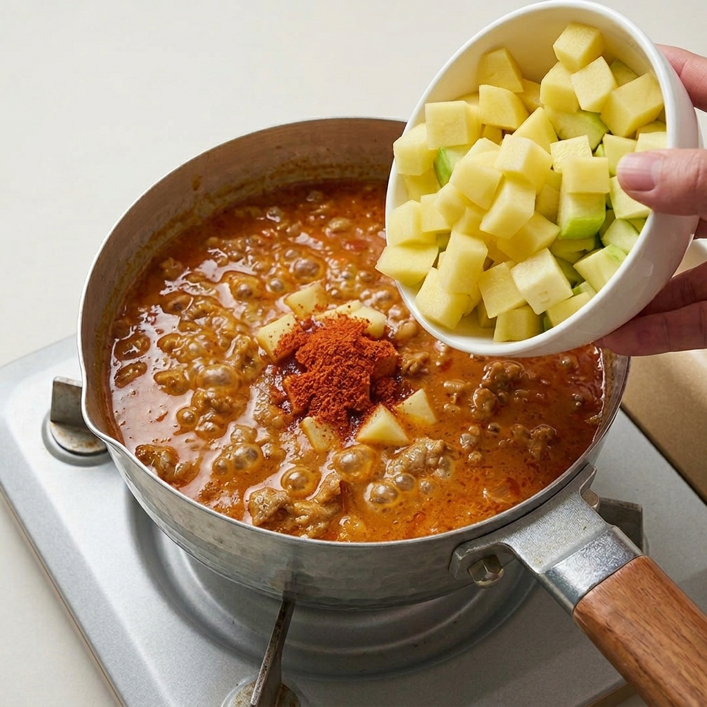 Diced raw potatoes and zucchini being added from a white ceramic bowl into a boiling red stew.