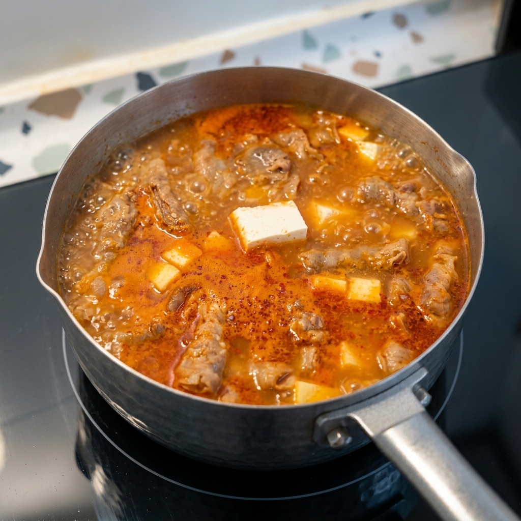 Rectangular pieces of white tofu simmering alongside vegetables in an orange Korean soybean paste stew.