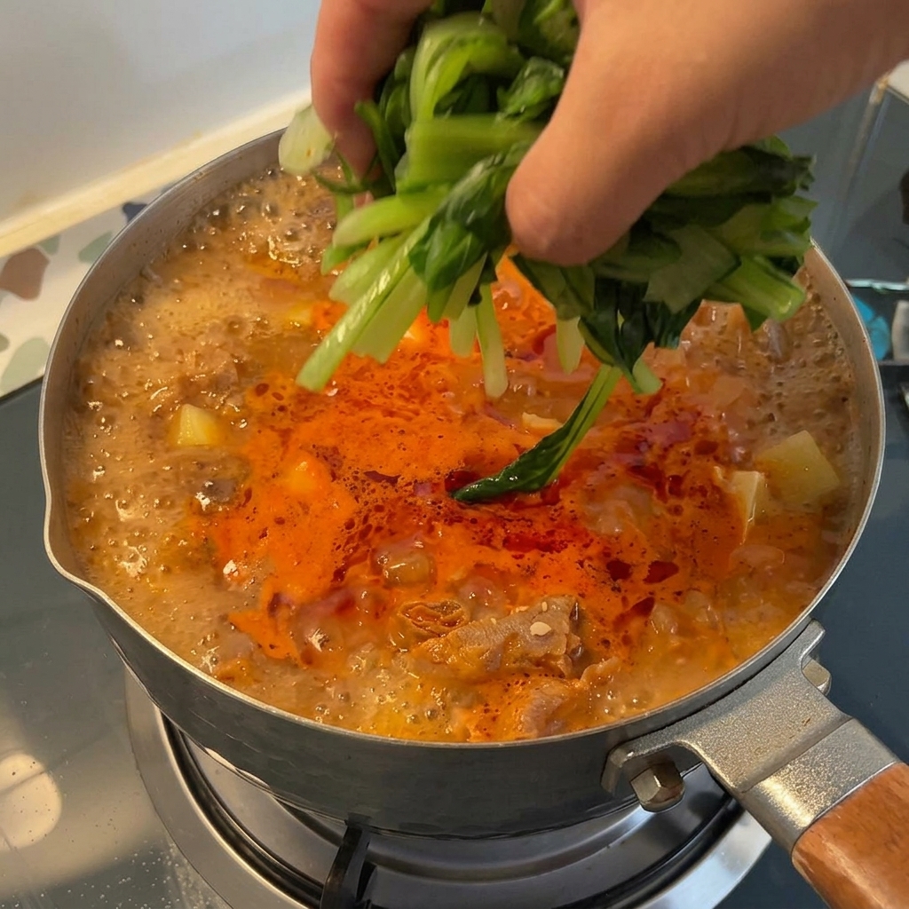 A hand placing a bundle of bright green blanched bok choy into a boiling pot of red stew.