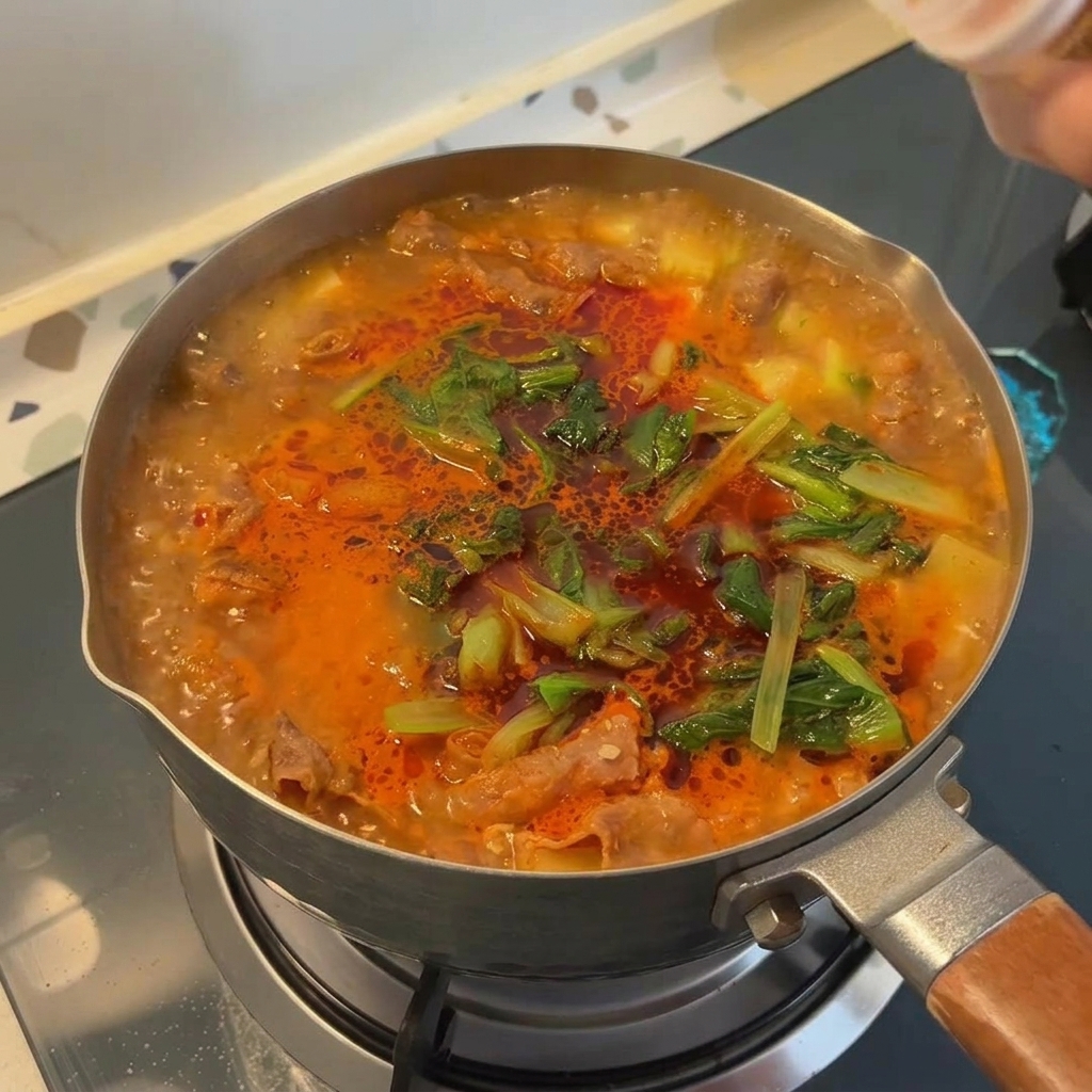 A hand sprinkling brown beef seasoning powder into a boiling pot of Korean soybean paste stew filled with green vegetables.