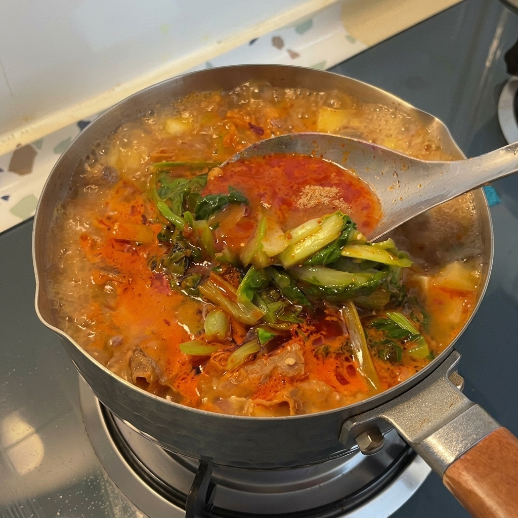 A large metal spoon stirring a bubbling pot of Korean soybean paste stew topped with vibrant green vegetables and chili oil.