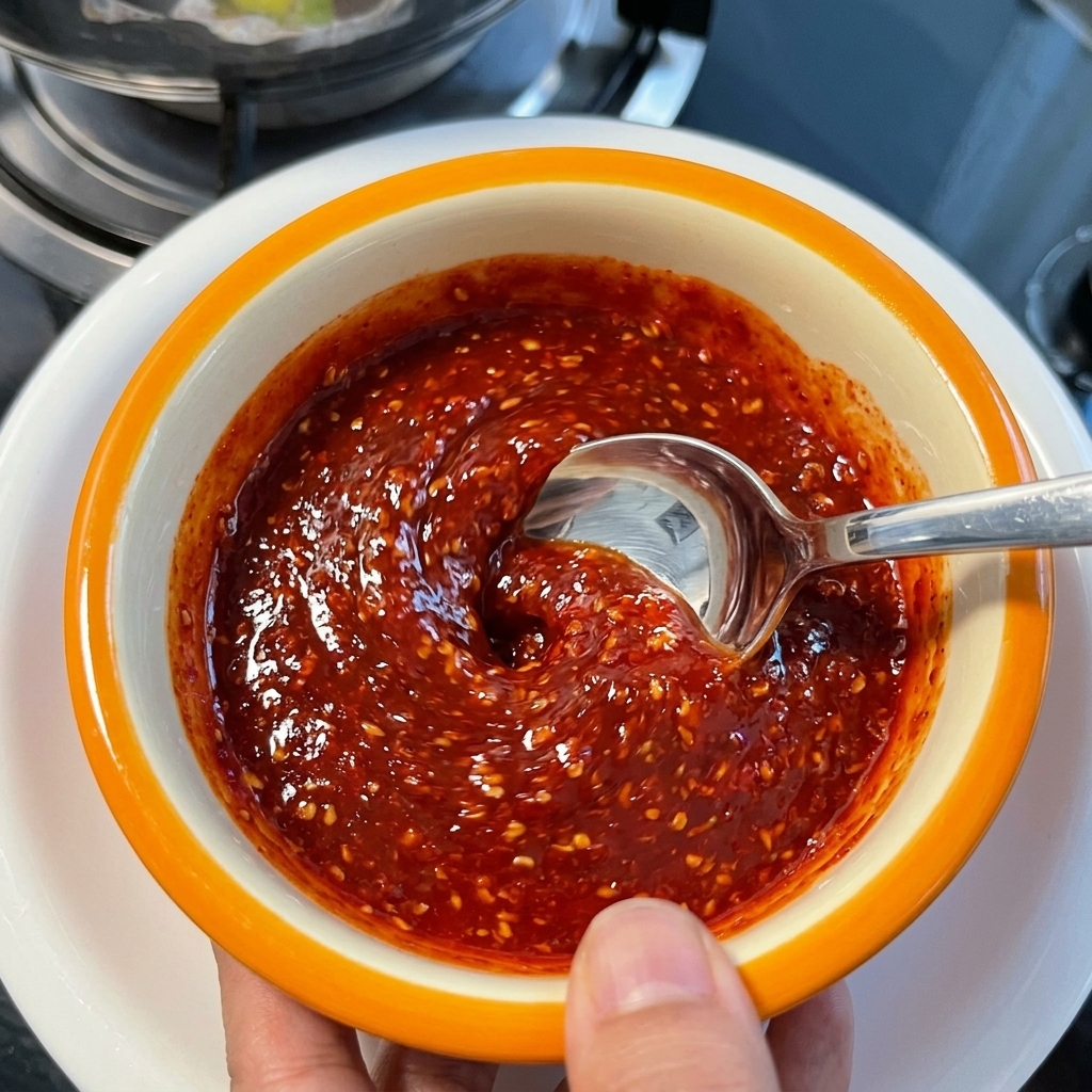 A spoon mixing a vibrant, glossy red chili sauce speckled with white sesame seeds inside a small orange-rimmed ceramic bowl.