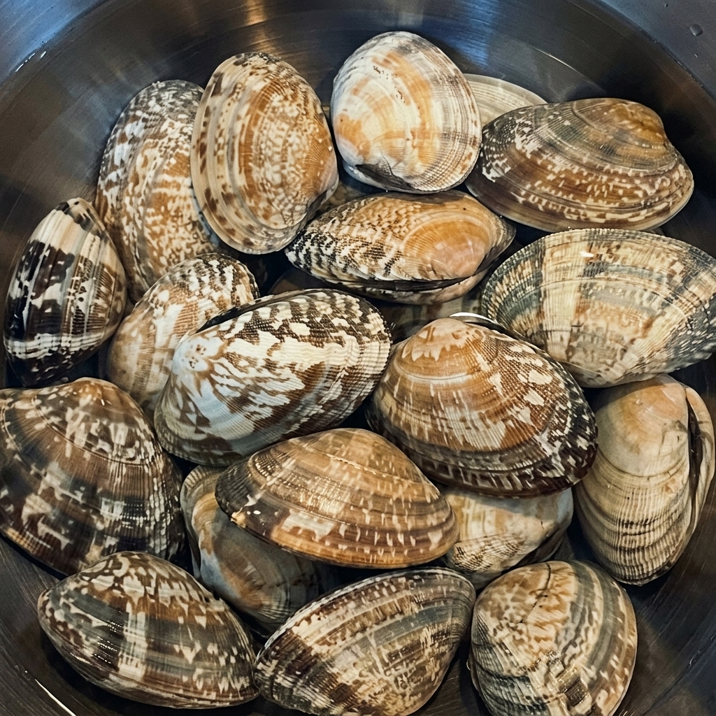 Fresh whole clams submersed in a stainless steel bowl filled with clear salted water.