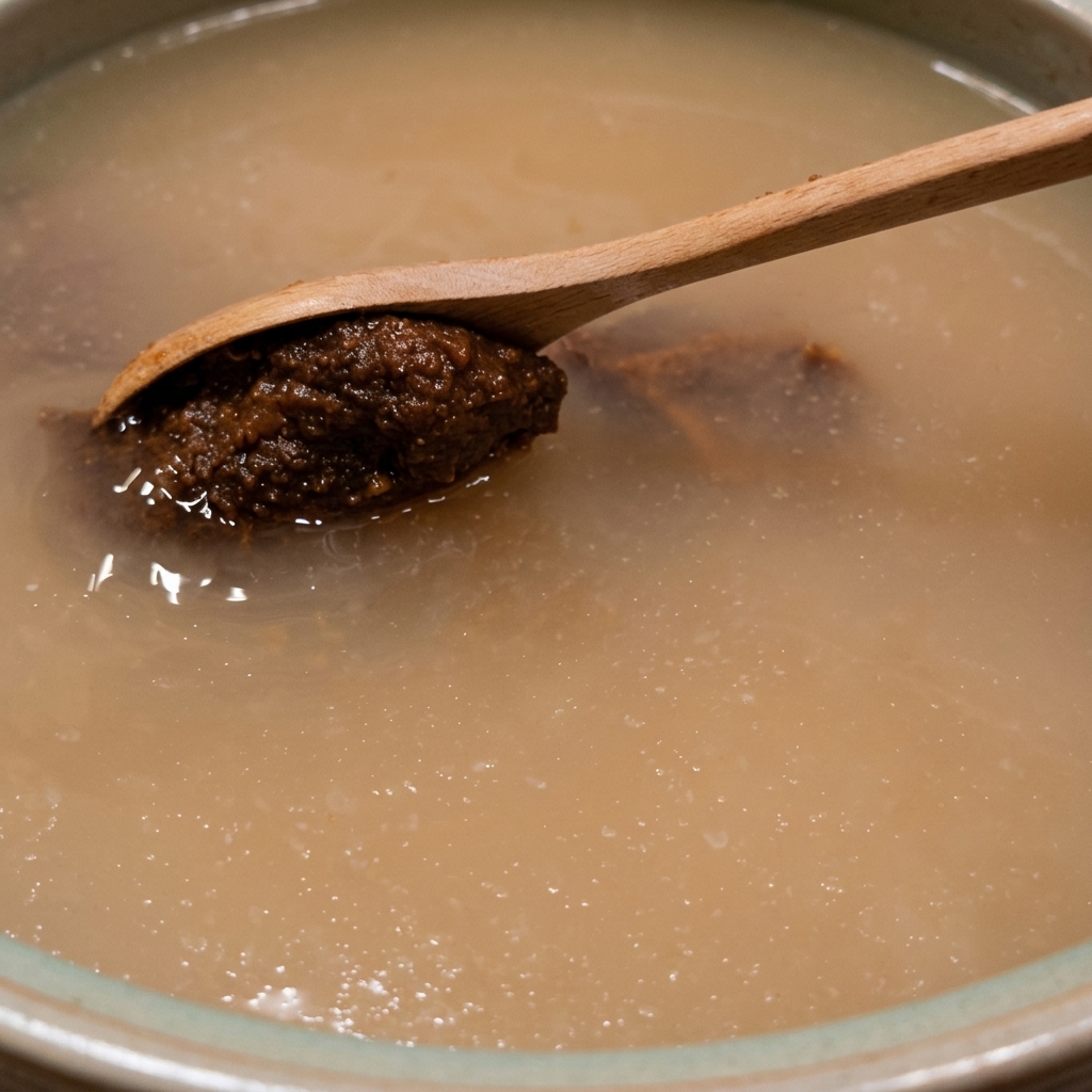 A wooden spoon holding a scoop of dark brown Korean soybean paste over a pot of cloudy simmering liquid.