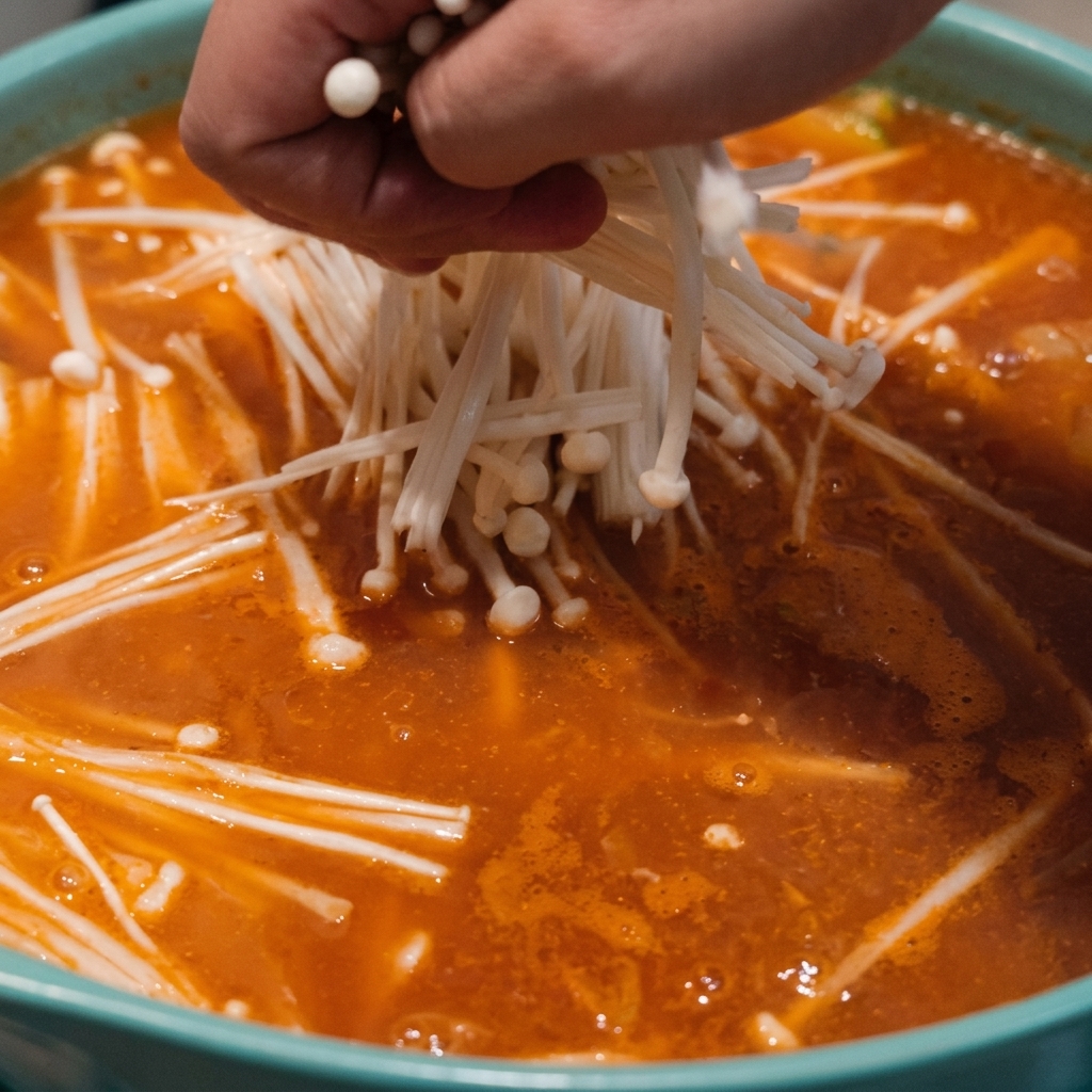 A hand lowering a bundle of fresh white enoki mushrooms into a bright orange boiling stew inside a teal pot.