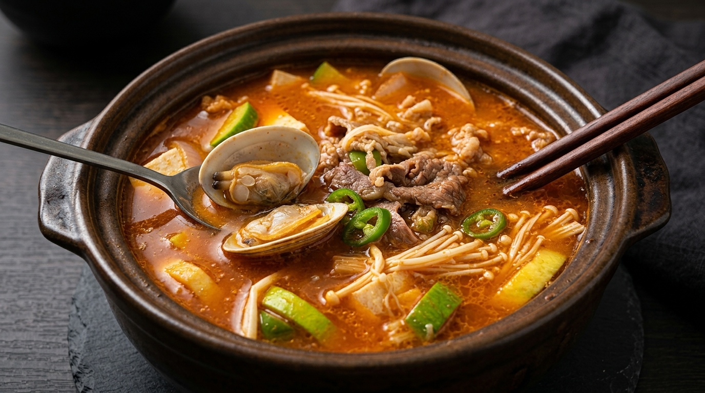 A steaming bowl of traditional Doenjang Jjigae with tender beef slices, fresh clams, enoki mushrooms, and zucchini