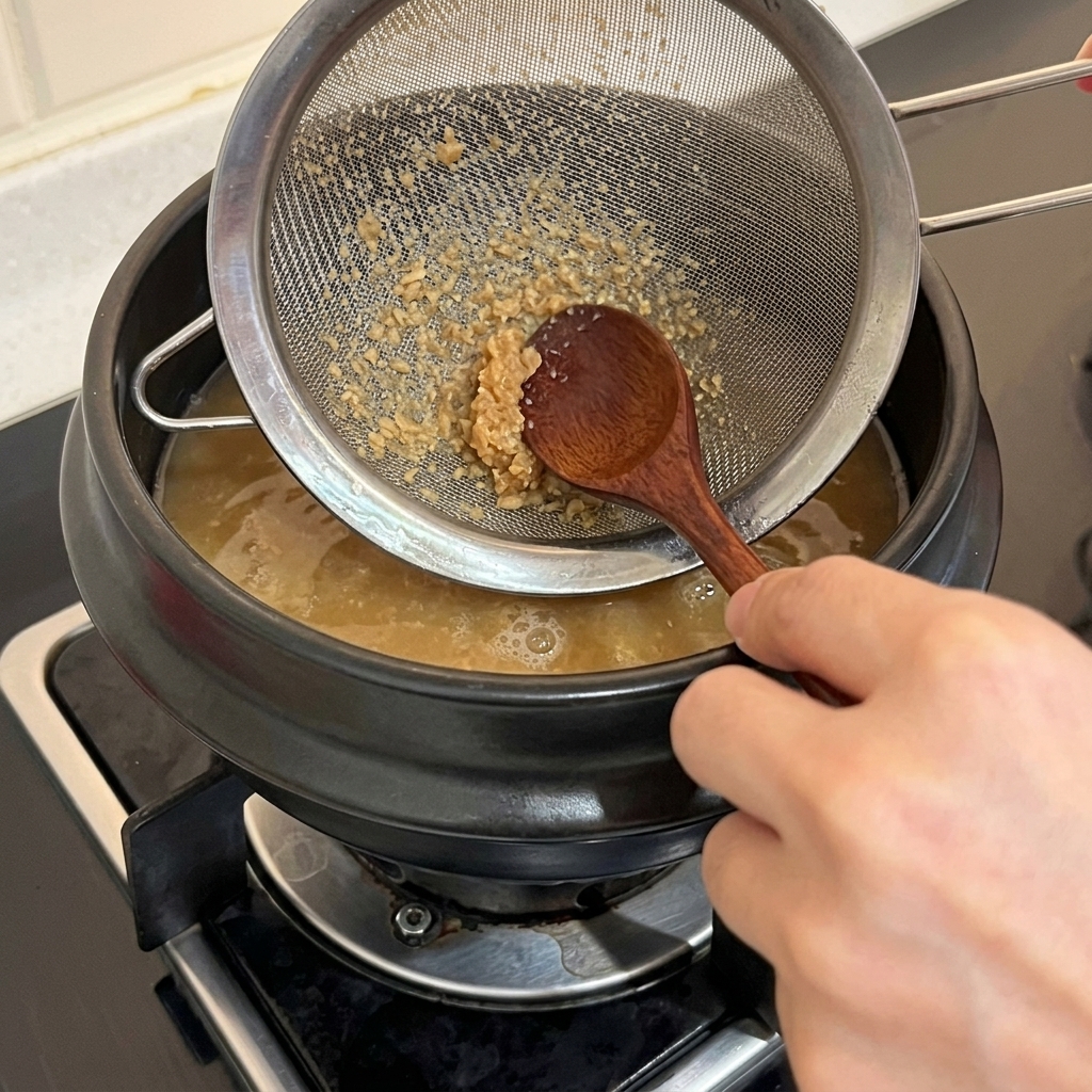 A hand using a wooden spoon to dissolve Korean soybean paste through a metal strainer into a pot of water.