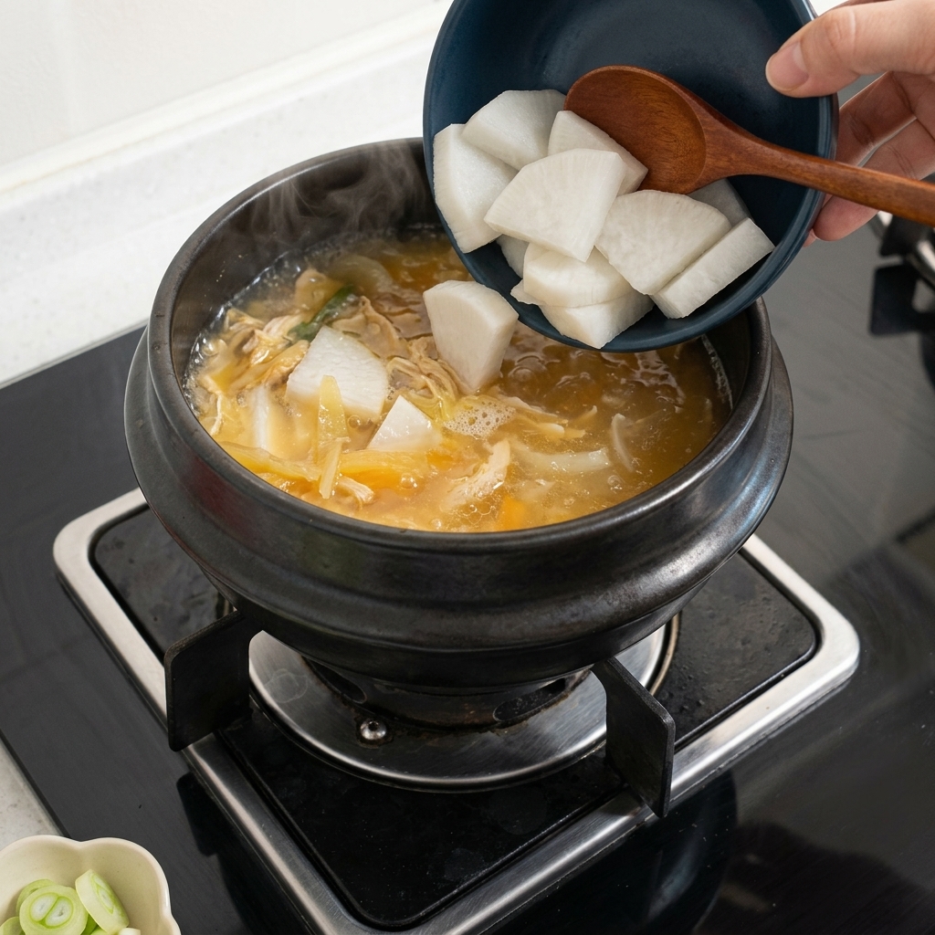 Slices of white radish being poured into a simmering pot of savory brown broth from a bowl.